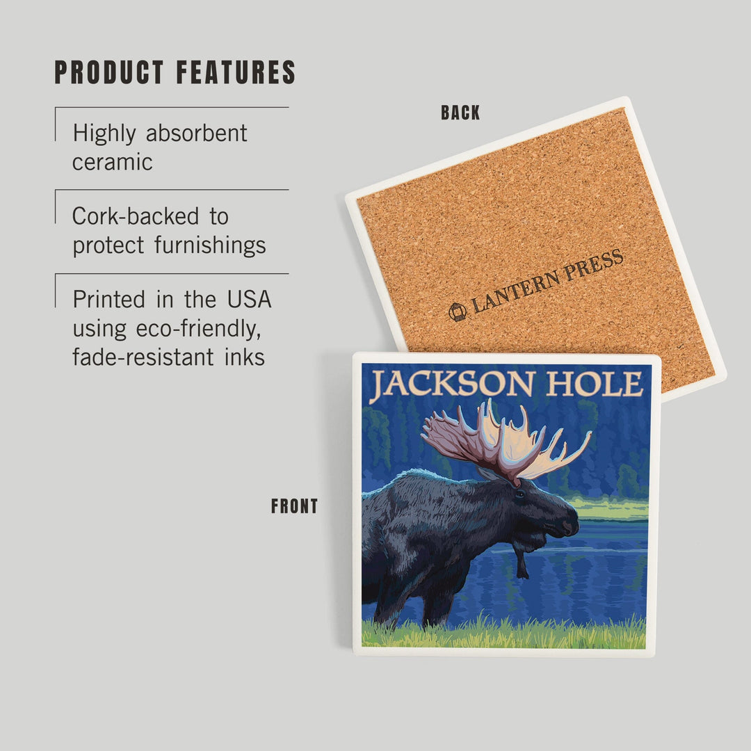 Jackson Hole, Wyoming, Moose at Night, Coasters Coasters Lantern Press 