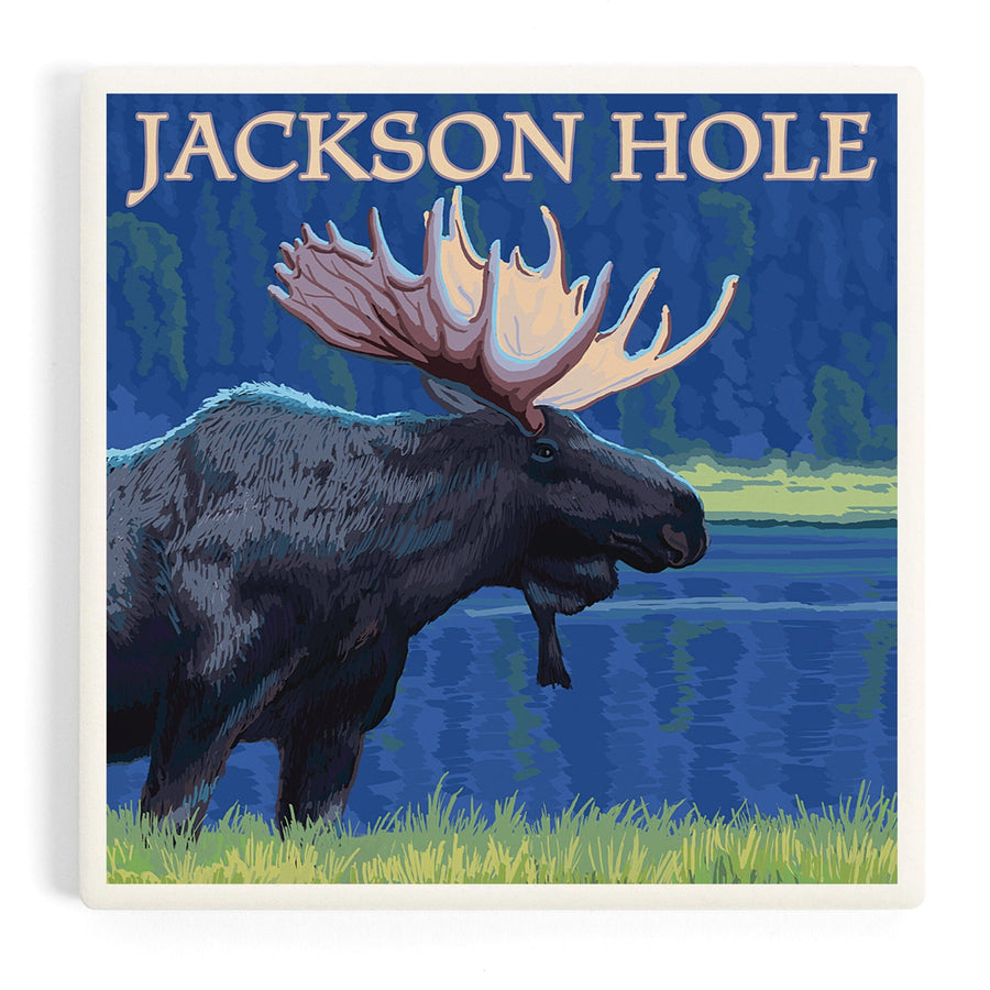 Jackson Hole, Wyoming, Moose at Night, Coasters Coasters Lantern Press 