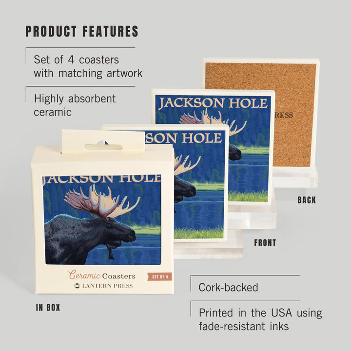 Jackson Hole, Wyoming, Moose at Night, Coasters Coasters Lantern Press 