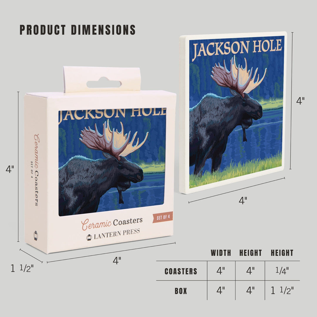 Jackson Hole, Wyoming, Moose at Night, Coasters Coasters Lantern Press 