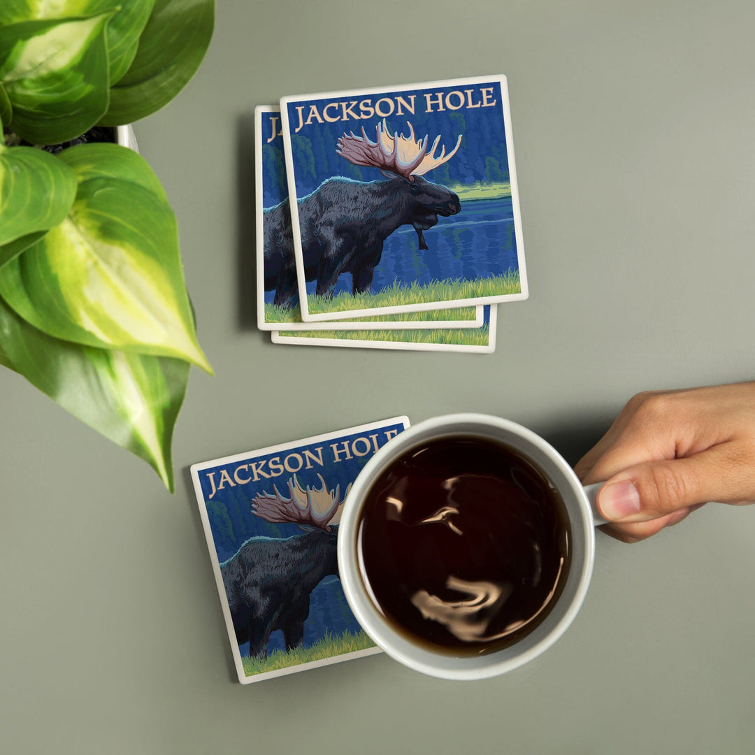Jackson Hole, Wyoming, Moose at Night, Coasters Coasters Lantern Press 