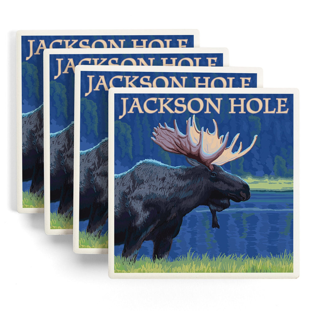 Jackson Hole, Wyoming, Moose at Night, Coasters Coasters Lantern Press 