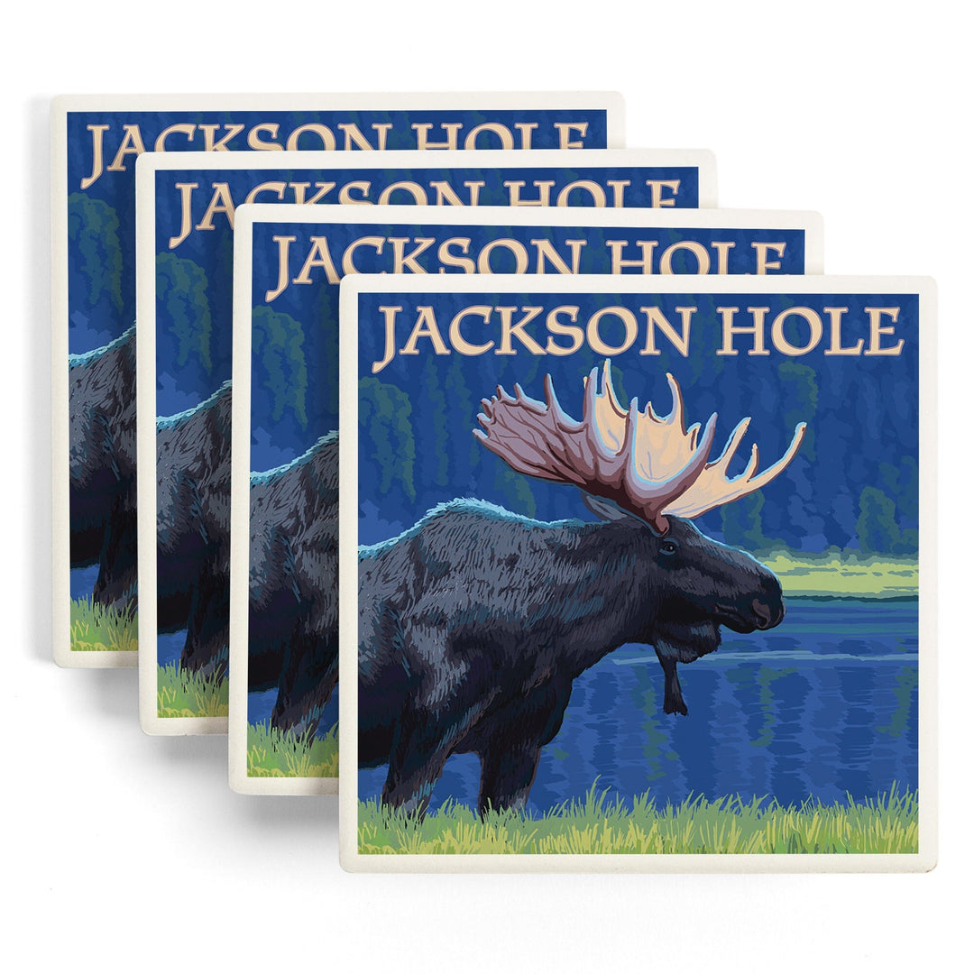 Jackson Hole, Wyoming, Moose at Night, Coasters Coasters Lantern Press 