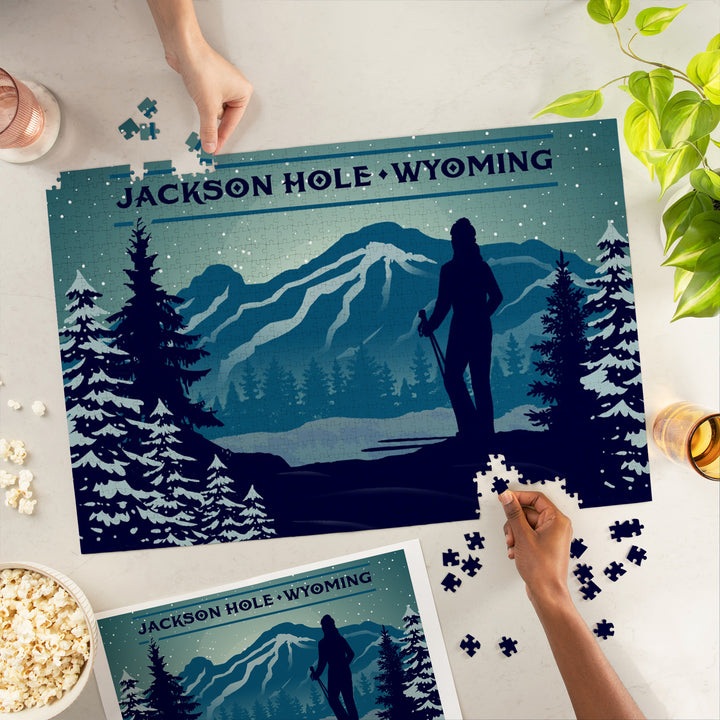 Jackson, Hole, Wyoming, Skier and Mountain, Vector Silhouette, Jigsaw Puzzle Puzzle Lantern Press 