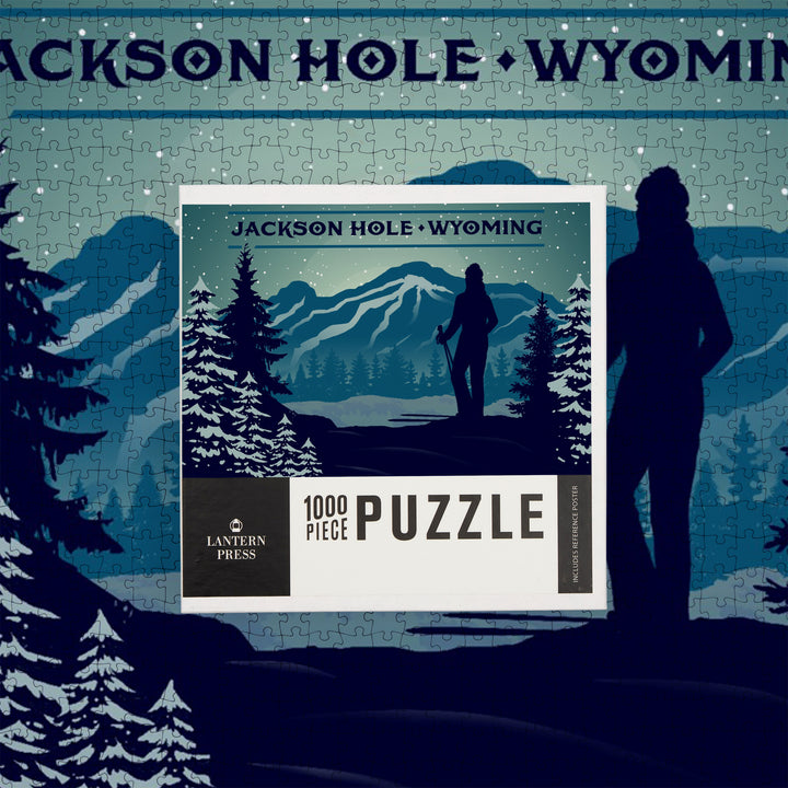 Jackson, Hole, Wyoming, Skier and Mountain, Vector Silhouette, Jigsaw Puzzle Puzzle Lantern Press 