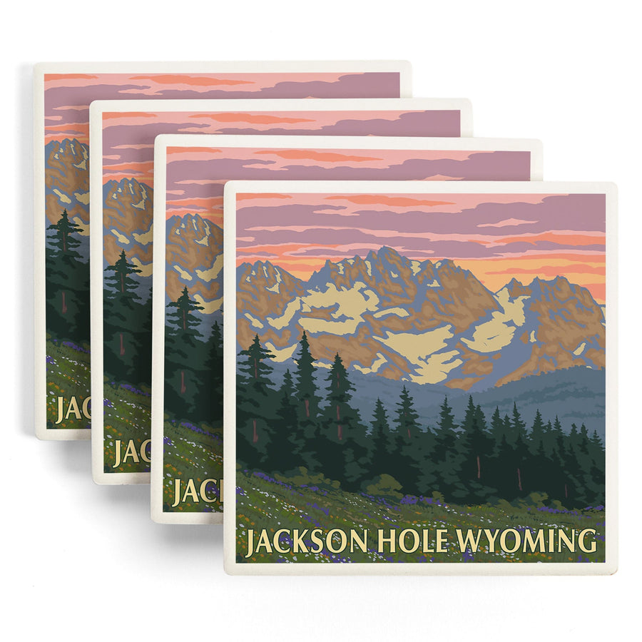 Jackson Hole, Wyoming, Spring Flowers, Lantern Press Artwork, Coaster Set - Lantern Press