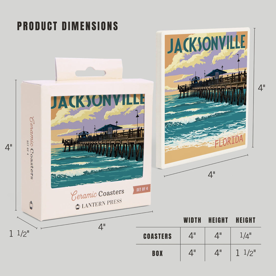 Jacksonville, Florida, Pier & Sunset, Lantern Press Artwork, Coaster Set - Lantern Press