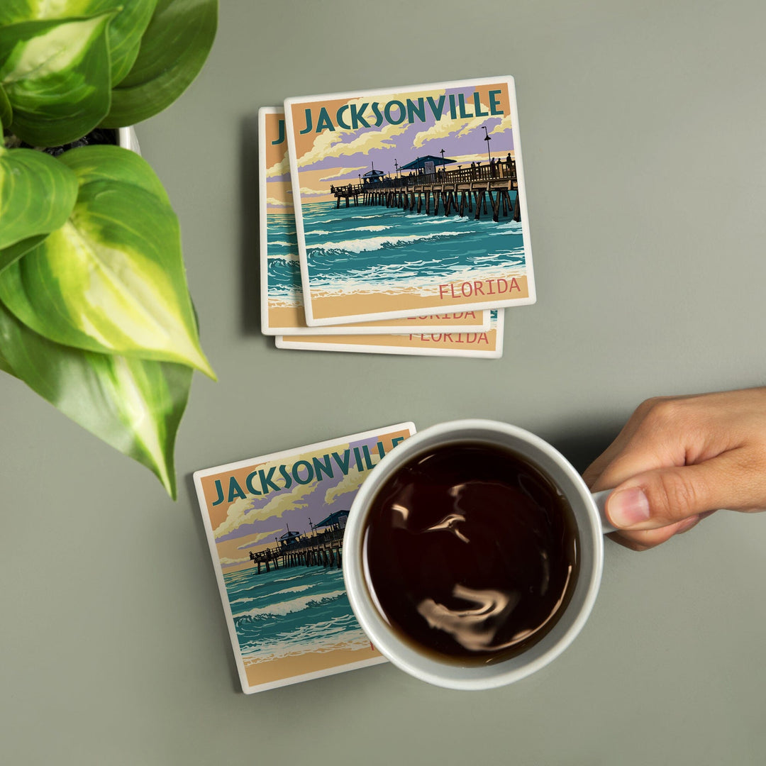 Jacksonville, Florida, Pier & Sunset, Lantern Press Artwork, Coaster Set - Lantern Press