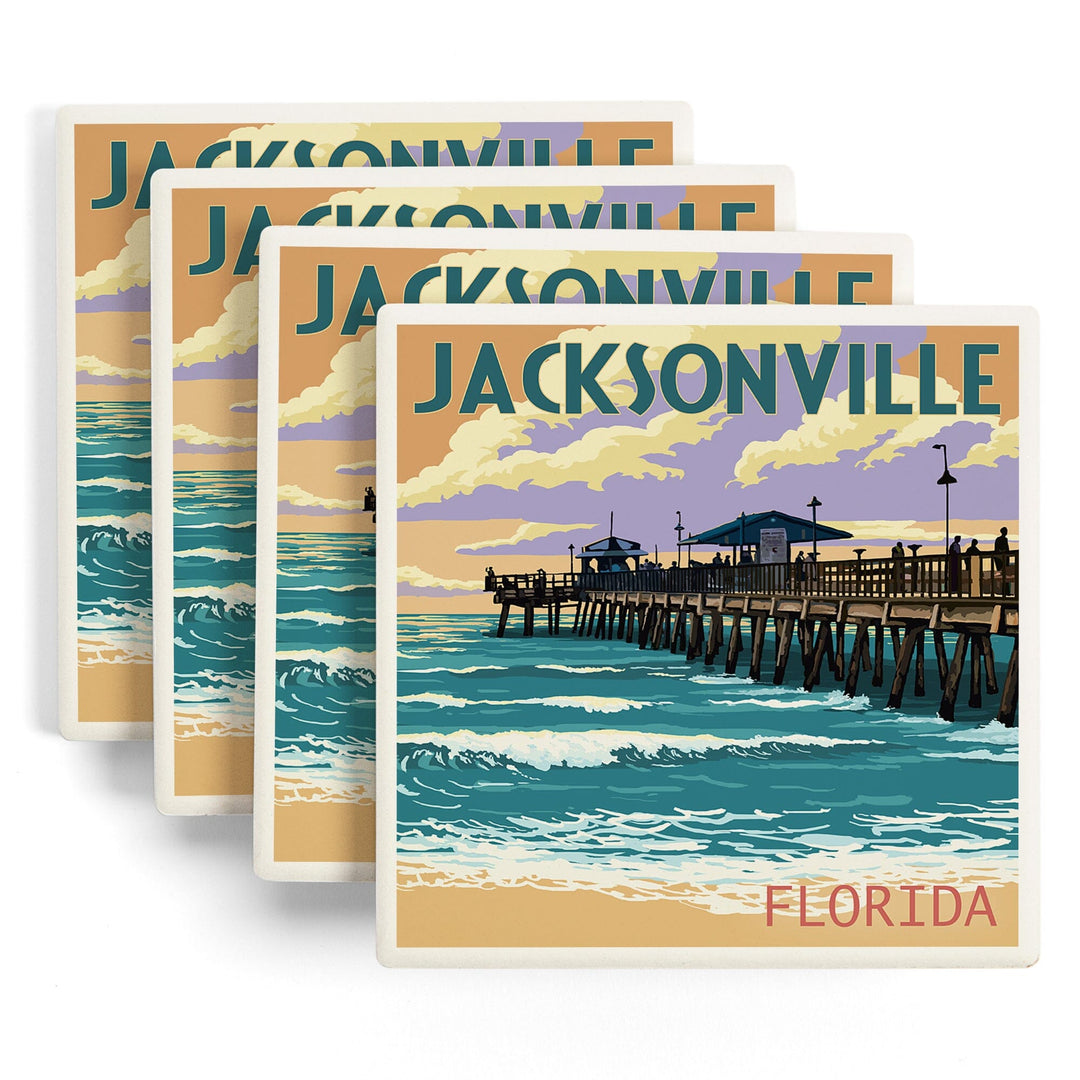 Jacksonville, Florida, Pier & Sunset, Lantern Press Artwork, Coaster Set - Lantern Press