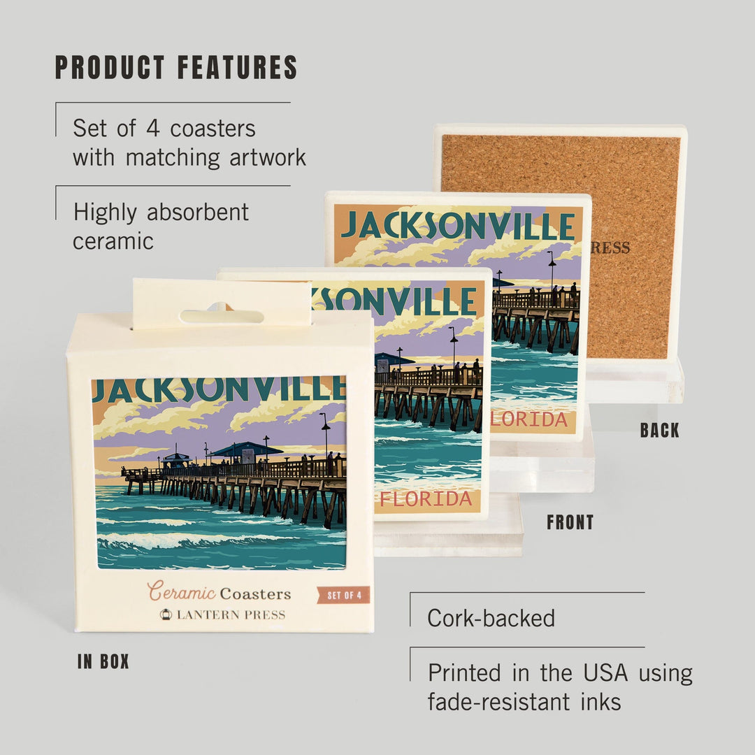 Jacksonville, Florida, Pier & Sunset, Lantern Press Artwork, Coaster Set - Lantern Press