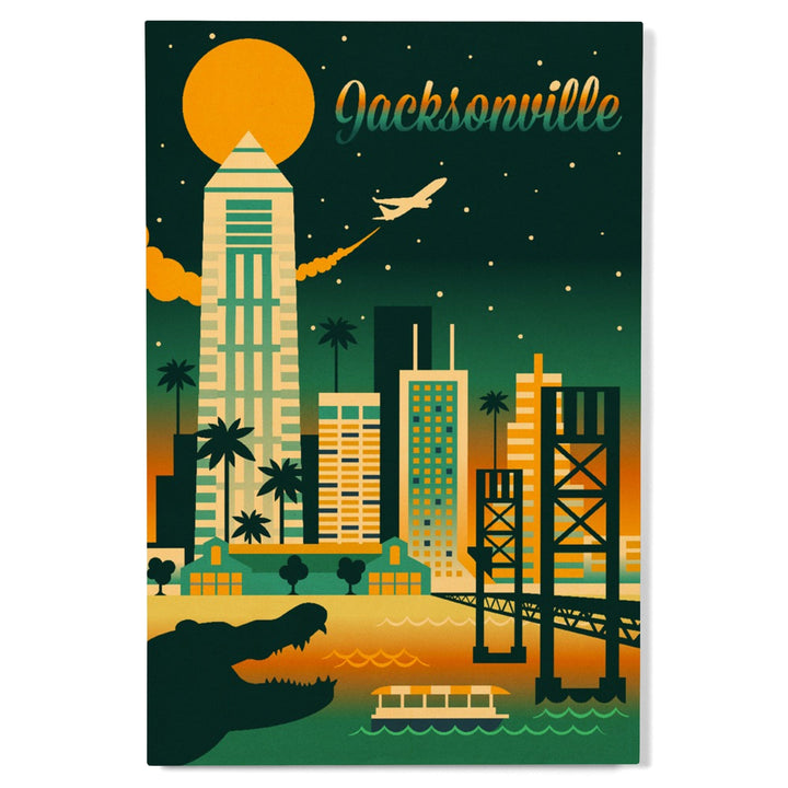 Jacksonville, Florida, Retro Skyline Chromatic Series, Lantern Press Artwork, Wood Signs and Postcards Wood Lantern Press 