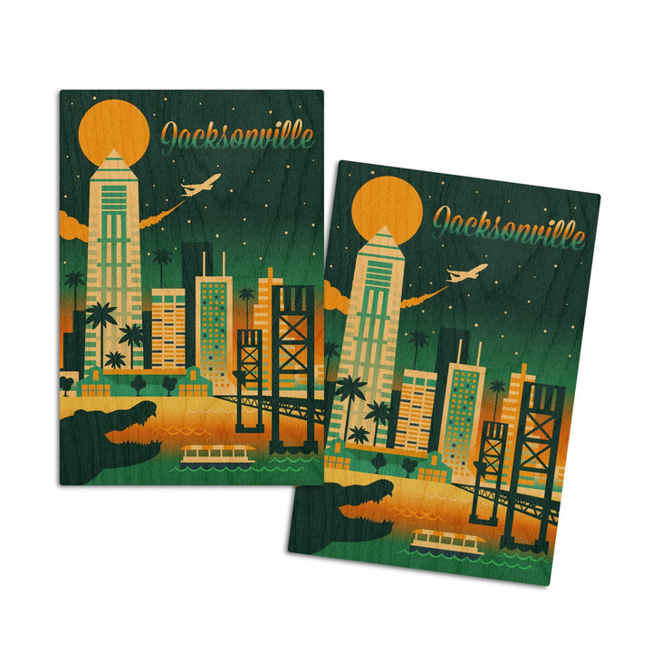 Jacksonville, Florida, Retro Skyline Chromatic Series, Lantern Press Artwork, Wood Signs and Postcards Wood Lantern Press 4x6 Wood Postcard Set 