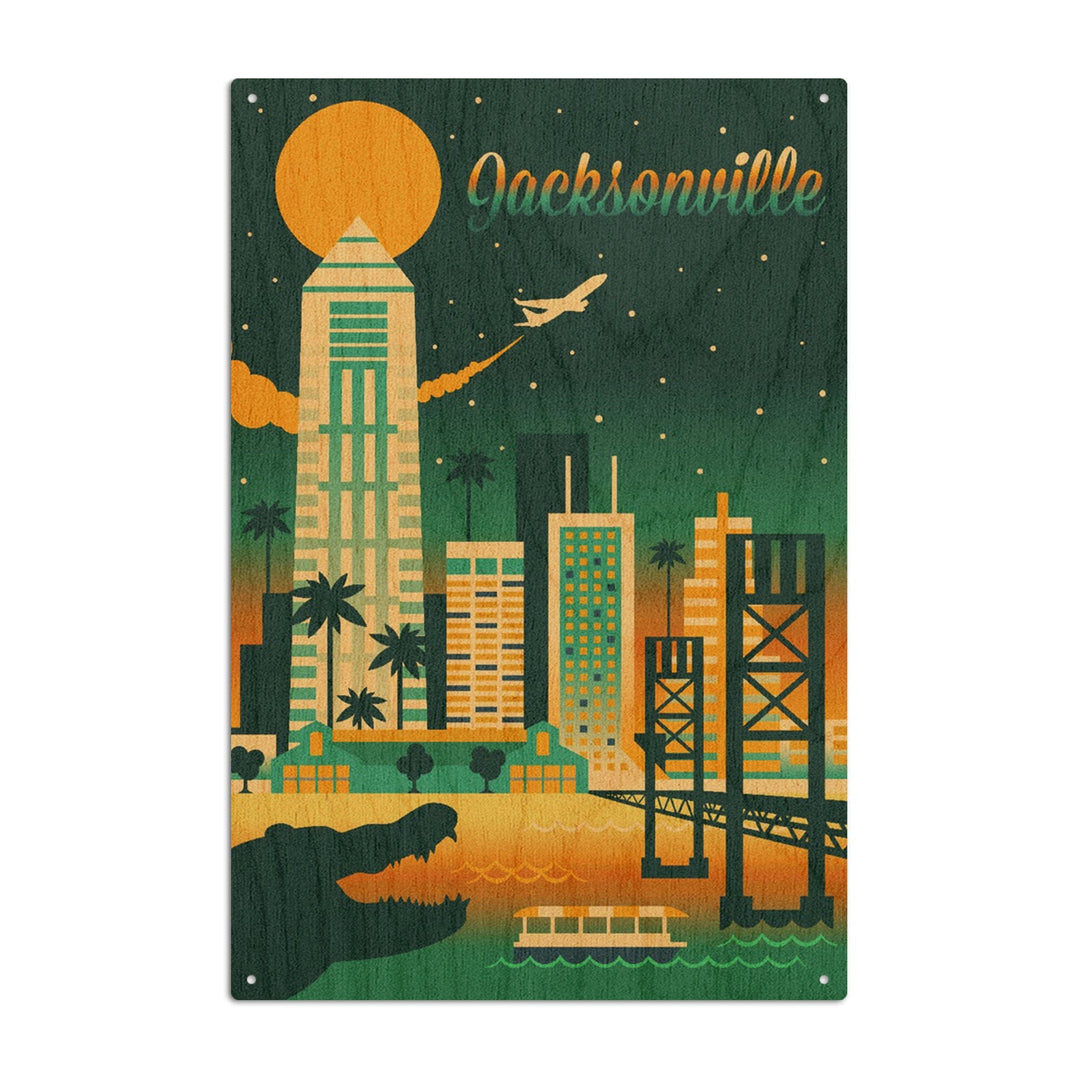 Jacksonville, Florida, Retro Skyline Chromatic Series, Lantern Press Artwork, Wood Signs and Postcards Wood Lantern Press 6x9 Wood Sign 