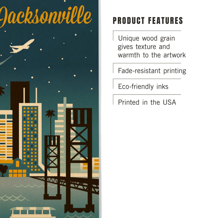 Jacksonville, Florida, Retro Skyline Series, Lantern Press Artwork, Wood Signs and Postcards Wood Lantern Press 