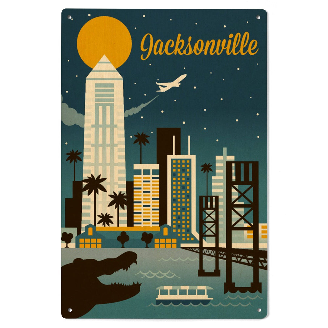 Jacksonville, Florida, Retro Skyline Series, Lantern Press Artwork, Wood Signs and Postcards Wood Lantern Press 
