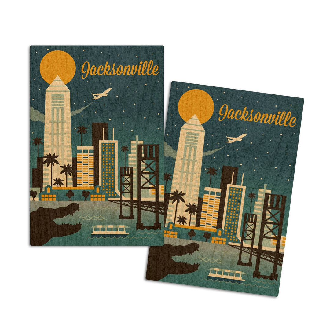 Jacksonville, Florida, Retro Skyline Series, Lantern Press Artwork, Wood Signs and Postcards Wood Lantern Press 4x6 Wood Postcard Set 