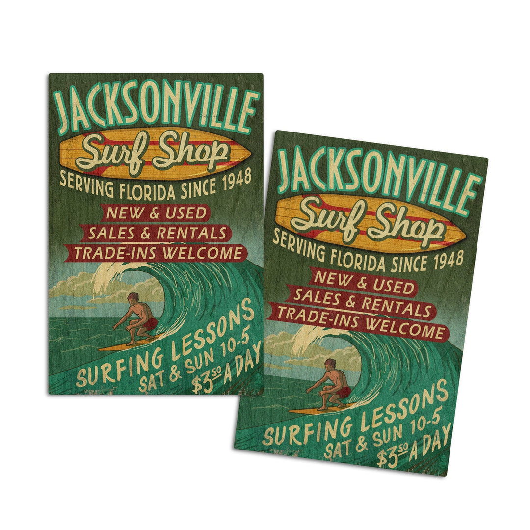 Jacksonville, Florida, Surf Shop Vintage Sign, Lantern Press Poster, Wood Signs and Postcards Wood Lantern Press 4x6 Wood Postcard Set 