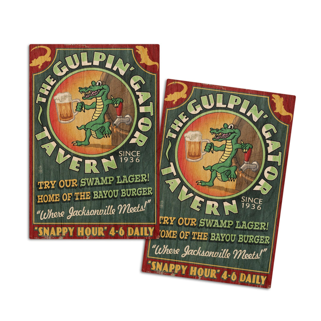 Jacksonville, Florida, The Gulpin Gator Tavern, Vintage Sign, Lantern Press Artwork, Wood Signs and Postcards Wood Lantern Press 4x6 Wood Postcard Set 