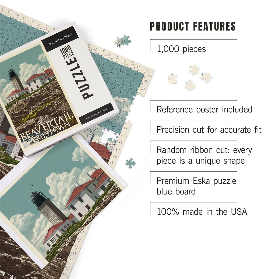 Jamestown, Rhode Island, Beavertail Lighthouse, Letterpress, Jigsaw Puzzle Puzzle Lantern Press 