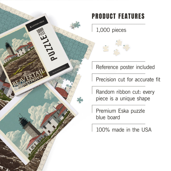 Jamestown, Rhode Island, Beavertail Lighthouse, Letterpress, Jigsaw Puzzle Puzzle Lantern Press 
