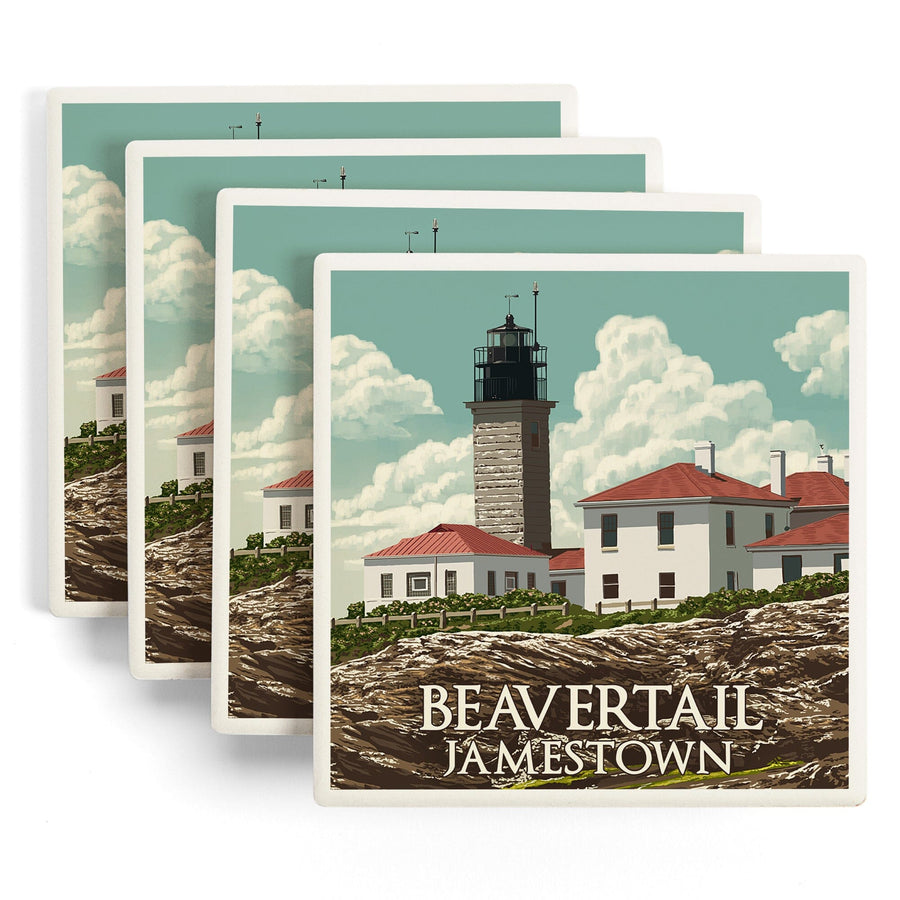 Jamestown, Rhode Island, Beavertail Lighthouse, Letterpress, Lantern Press Artwork, Coaster Set - Lantern Press