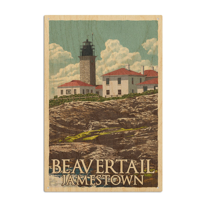 Jamestown, Rhode Island, Beavertail Lighthouse, Letterpress, Lantern Press Artwork, Wood Signs and Postcards Wood Lantern Press 10 x 15 Wood Sign 