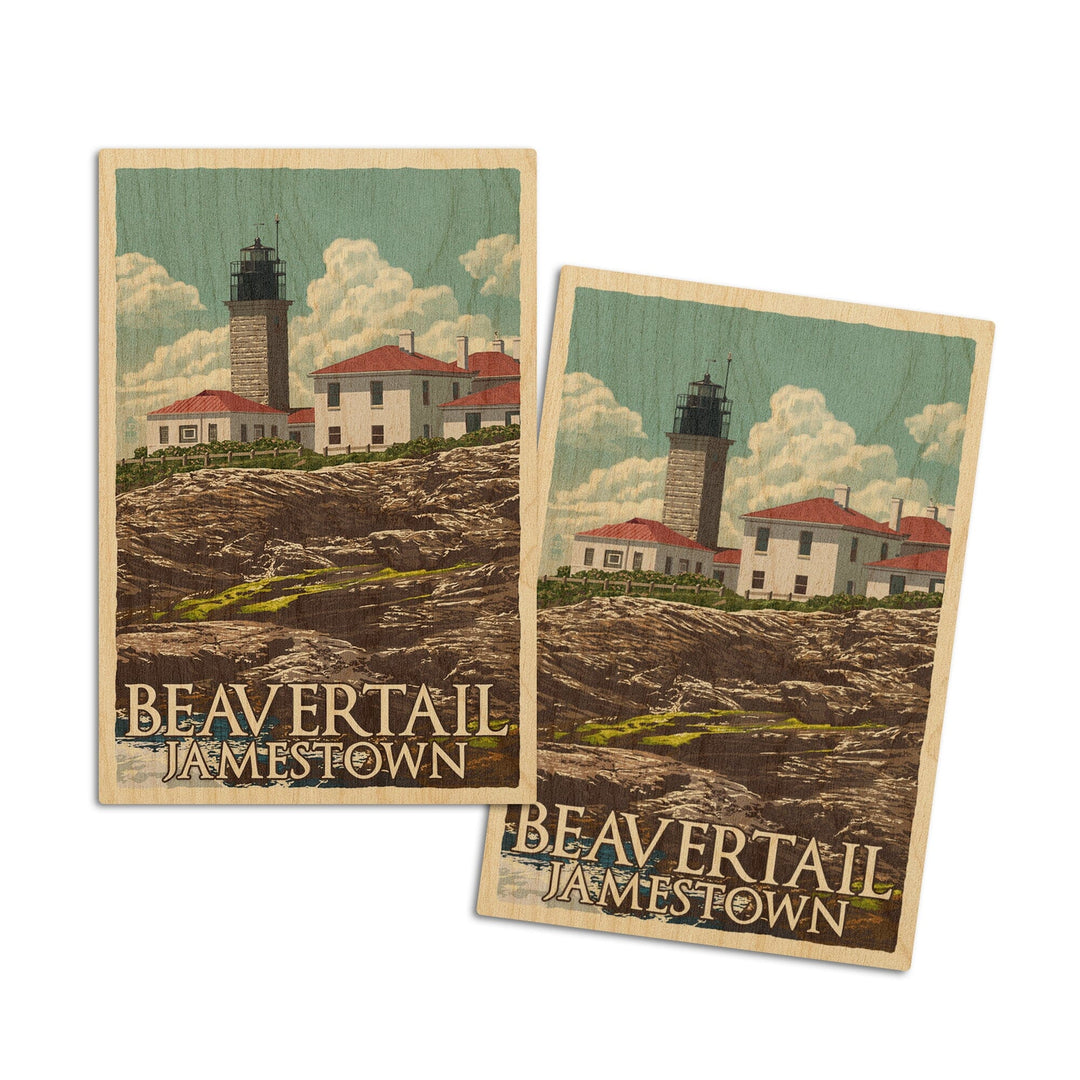 Jamestown, Rhode Island, Beavertail Lighthouse, Letterpress, Lantern Press Artwork, Wood Signs and Postcards Wood Lantern Press 4x6 Wood Postcard Set 