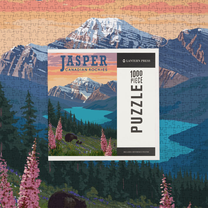 Jasper, Canada, Bear and Spring Flowers, Jigsaw Puzzle Puzzle Lantern Press 