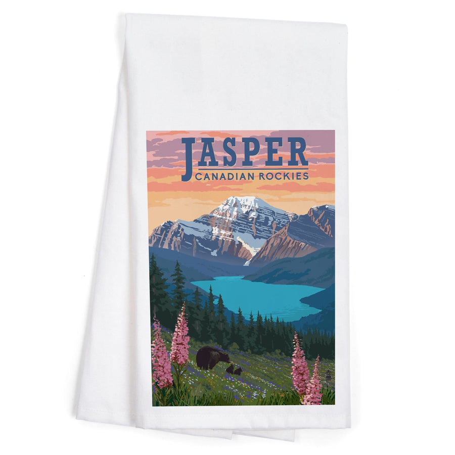 Jasper, Canada, Bear and Spring Flowers, Organic Cotton Kitchen Tea Towels Kitchen Lantern Press 