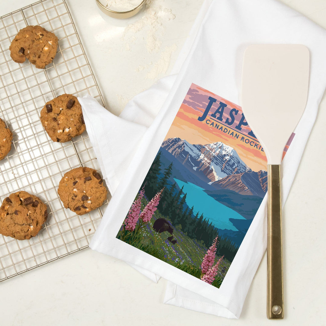 Jasper, Canada, Bear and Spring Flowers, Organic Cotton Kitchen Tea Towels Kitchen Lantern Press 