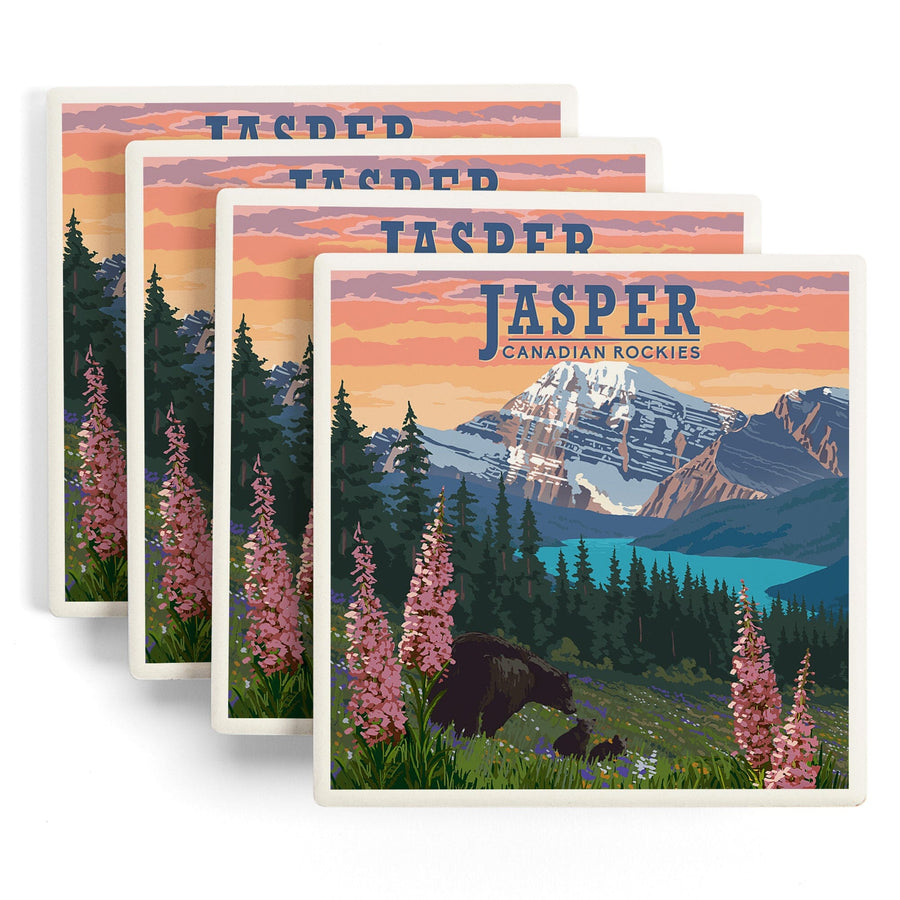 Jasper, Canada, Bear & Spring Flowers, Lantern Press Artwork, Coaster Set - Lantern Press