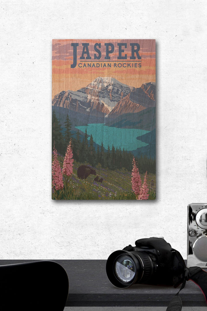 Jasper, Canada, Bear & Spring Flowers, Lantern Press Artwork, Wood Signs and Postcards Wood Lantern Press 12 x 18 Wood Gallery Print 