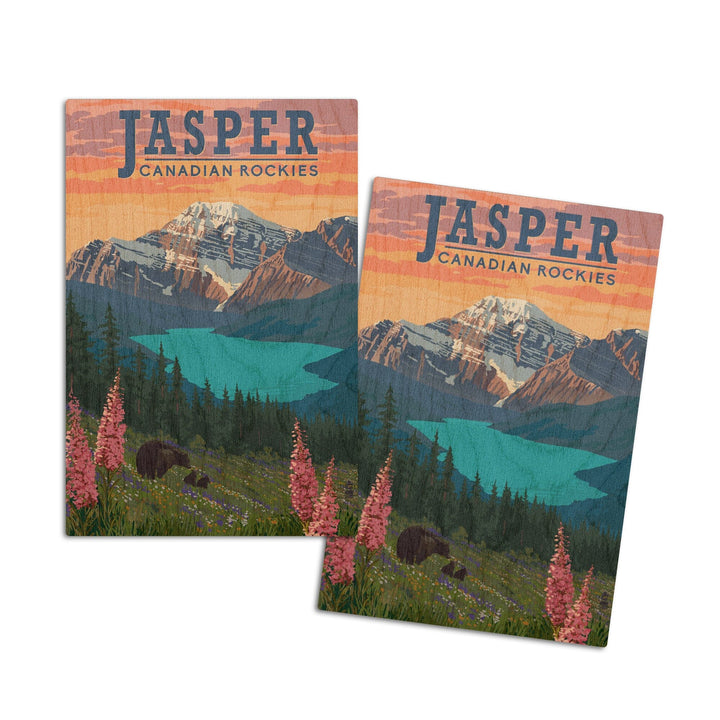 Jasper, Canada, Bear & Spring Flowers, Lantern Press Artwork, Wood Signs and Postcards Wood Lantern Press 4x6 Wood Postcard Set 