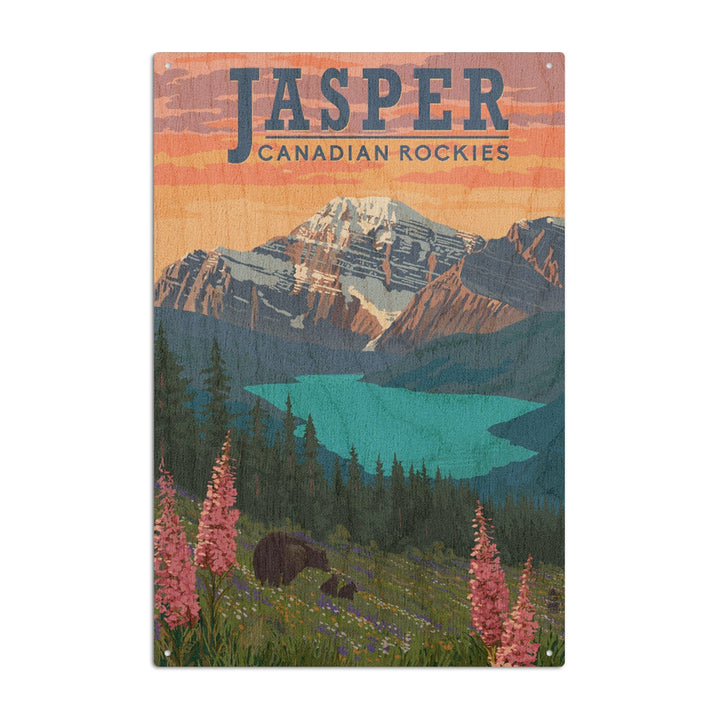 Jasper, Canada, Bear & Spring Flowers, Lantern Press Artwork, Wood Signs and Postcards Wood Lantern Press 6x9 Wood Sign 