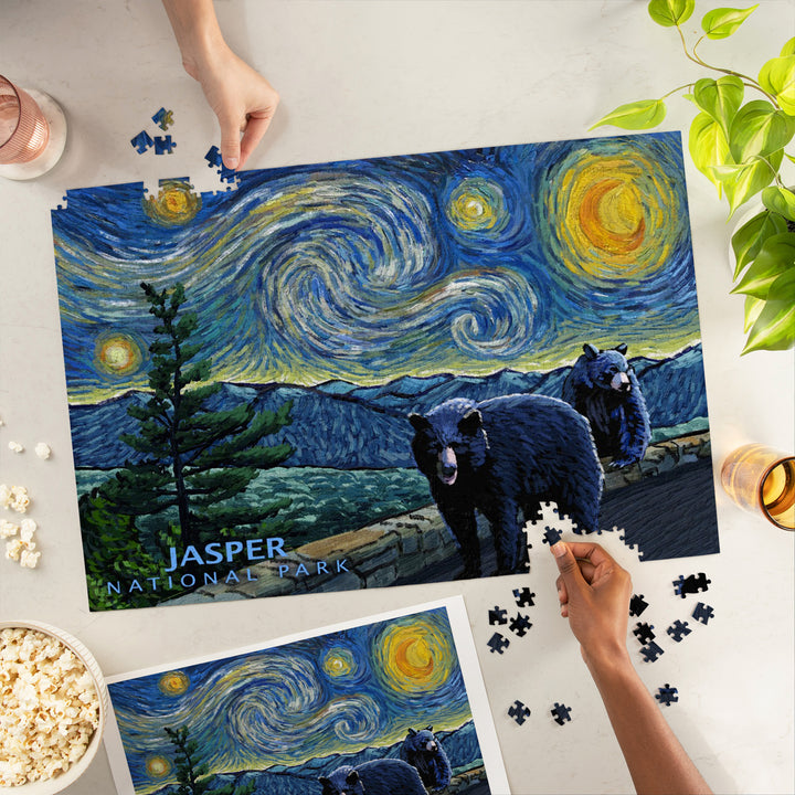 Jasper, Canada, Black Bears, Starry Night, Jigsaw Puzzle Puzzle Lantern Press 