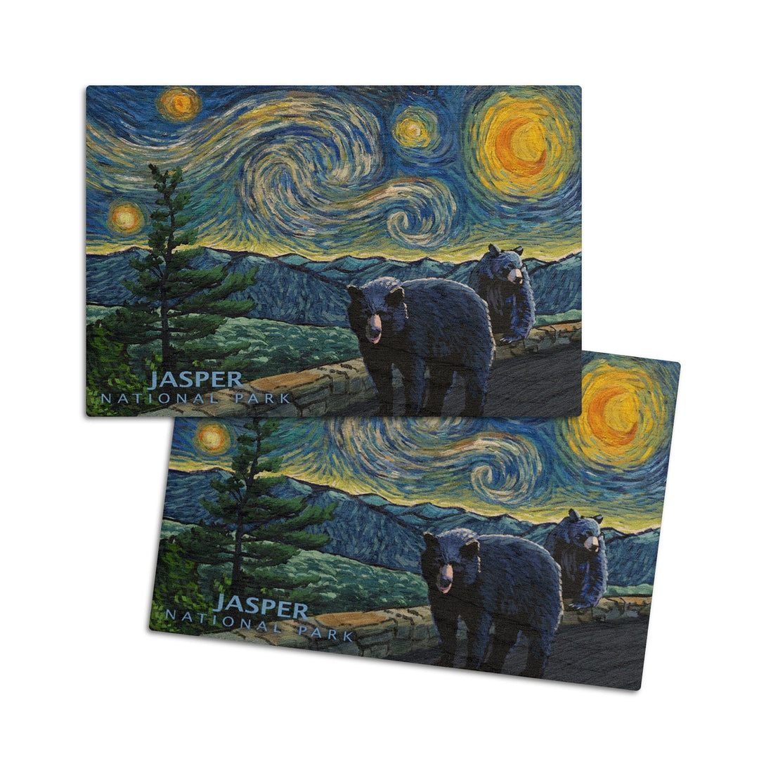 Jasper, Canada, Black Bears, Starry Night, Lantern Press Artwork, Wood Signs and Postcards Wood Lantern Press 4x6 Wood Postcard Set 