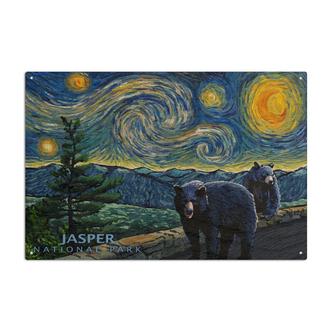Jasper, Canada, Black Bears, Starry Night, Lantern Press Artwork, Wood Signs and Postcards Wood Lantern Press 6x9 Wood Sign 