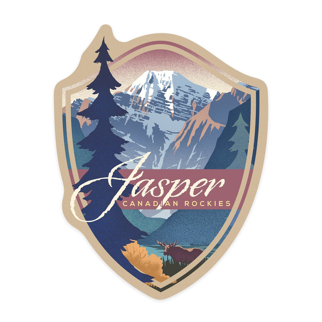 Jasper, Canada, Canadian Rockies, Mountain Scene, Lithograph, Contour, Vinyl Sticker - Lantern Press