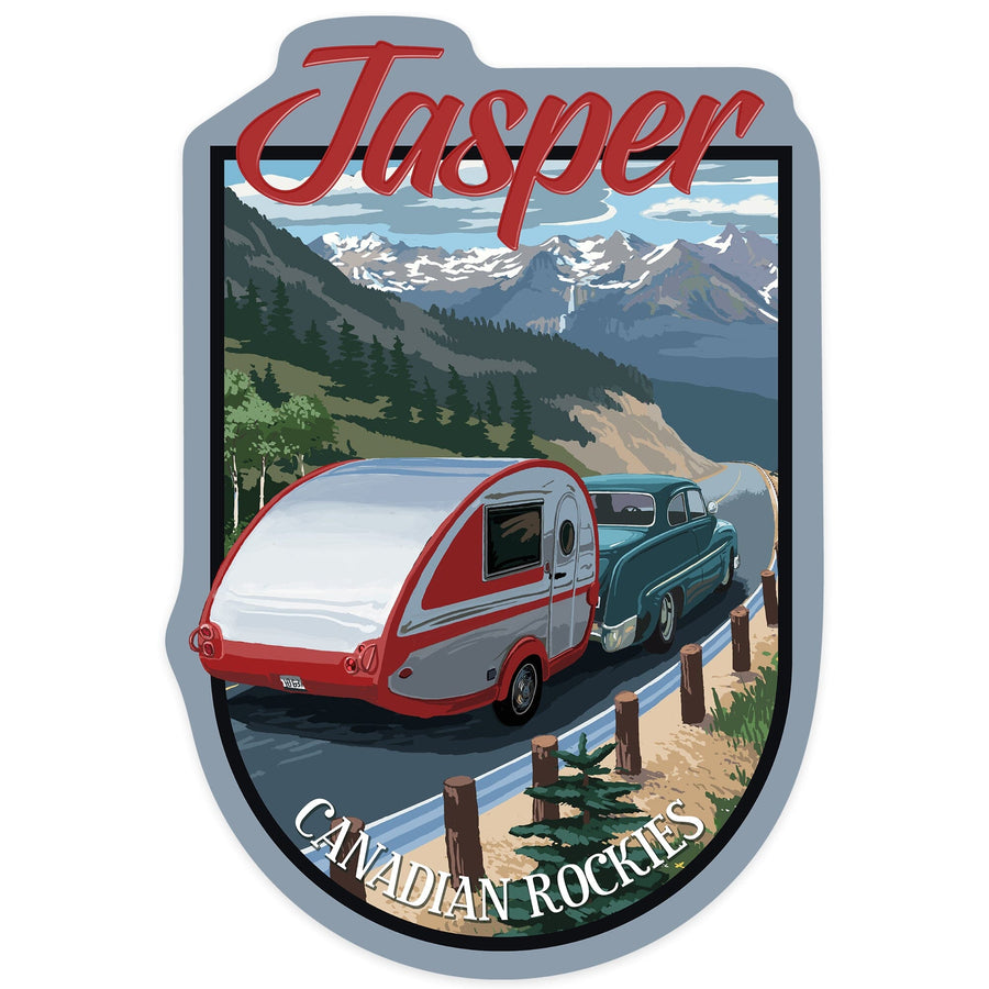 Jasper, Canada, Canadian Rockies, Retro Camper, Contour, Vinyl Sticker - Lantern Press