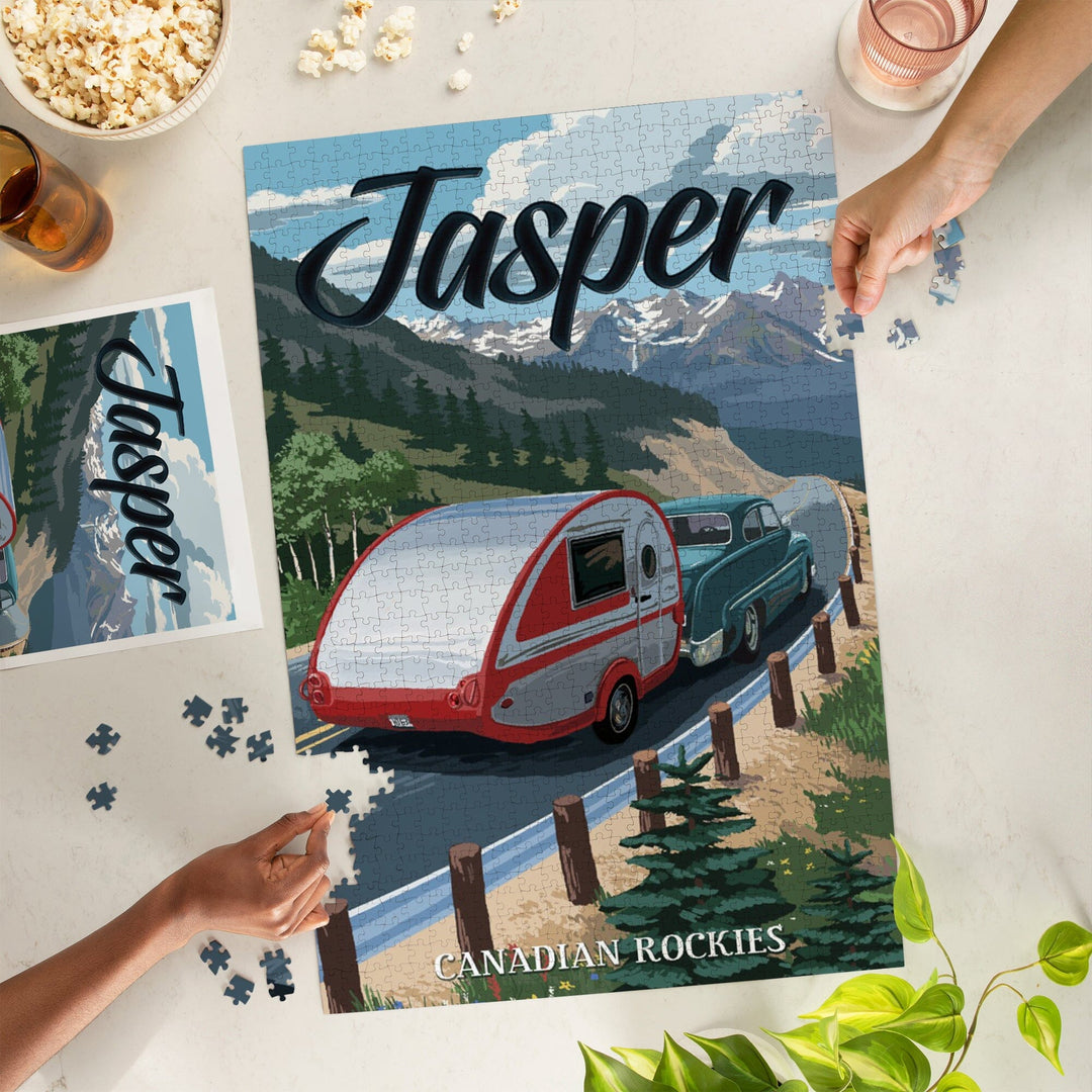 Jasper, Canada, Canadian Rockies, Retro Camper, Jigsaw Puzzle Puzzle Lantern Press 