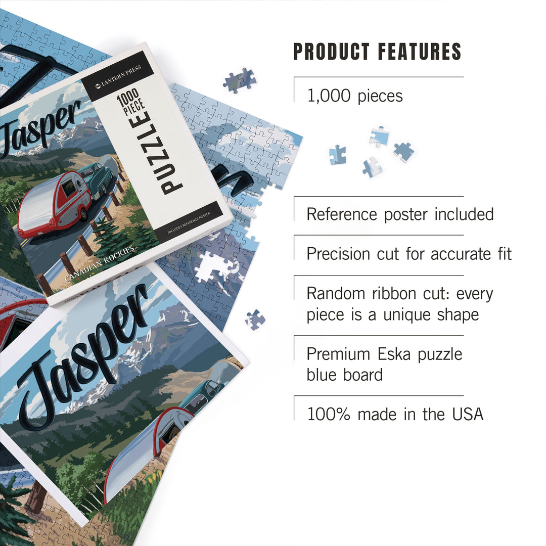 Jasper, Canada, Canadian Rockies, Retro Camper, Jigsaw Puzzle Puzzle Lantern Press 