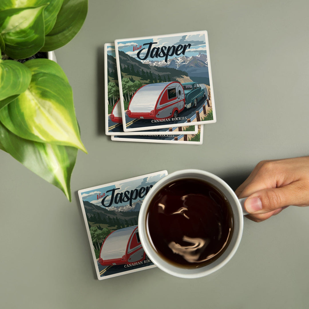 Jasper, Canada, Canadian Rockies, Retro Camper, Visit, Lantern Press Artwork, Coaster Set - Lantern Press