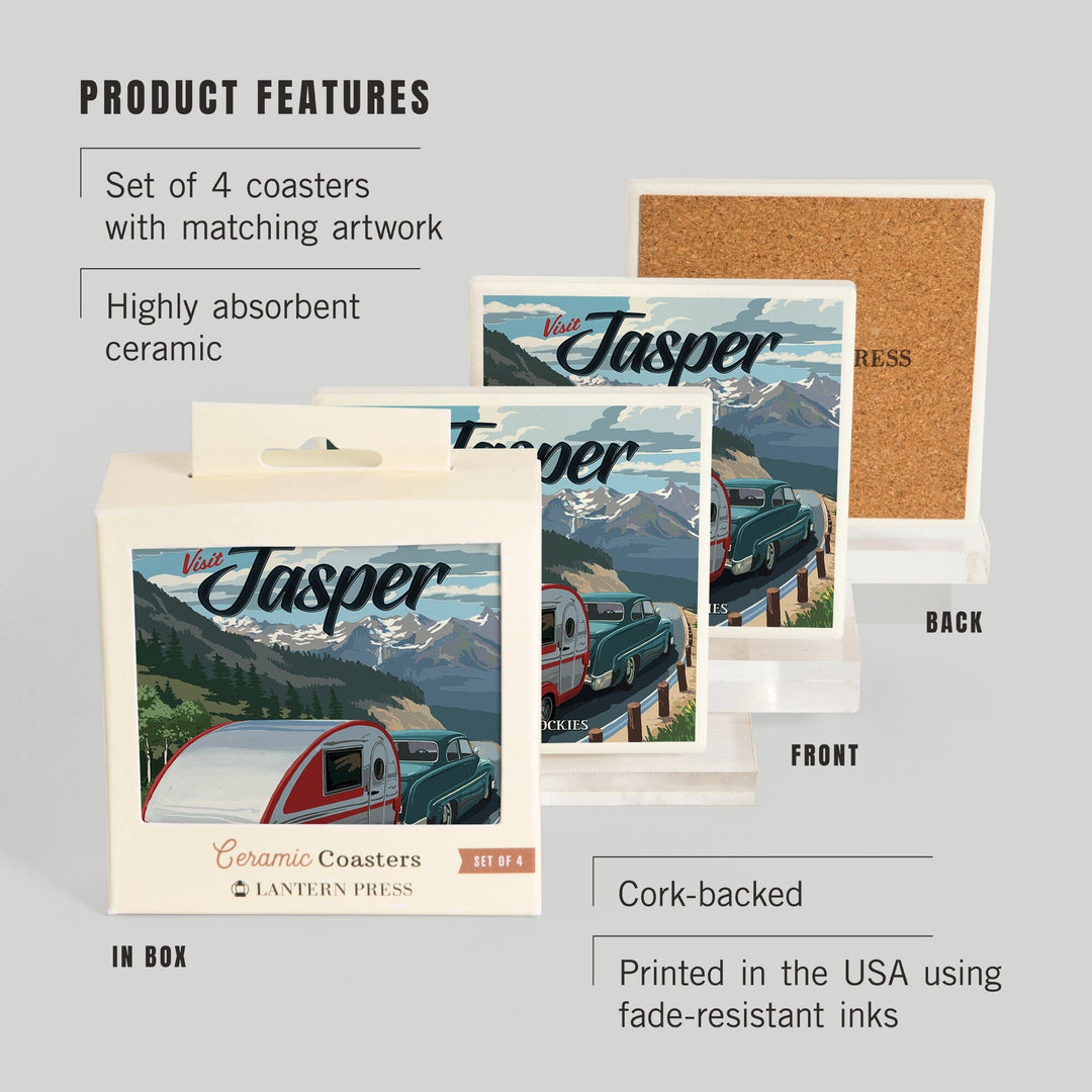 Jasper, Canada, Canadian Rockies, Retro Camper, Visit, Lantern Press Artwork, Coaster Set - Lantern Press