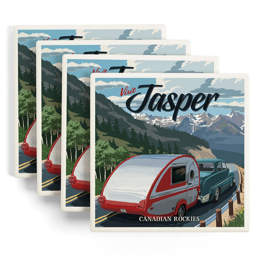 Jasper, Canada, Canadian Rockies, Retro Camper, Visit, Lantern Press Artwork, Coaster Set - Lantern Press