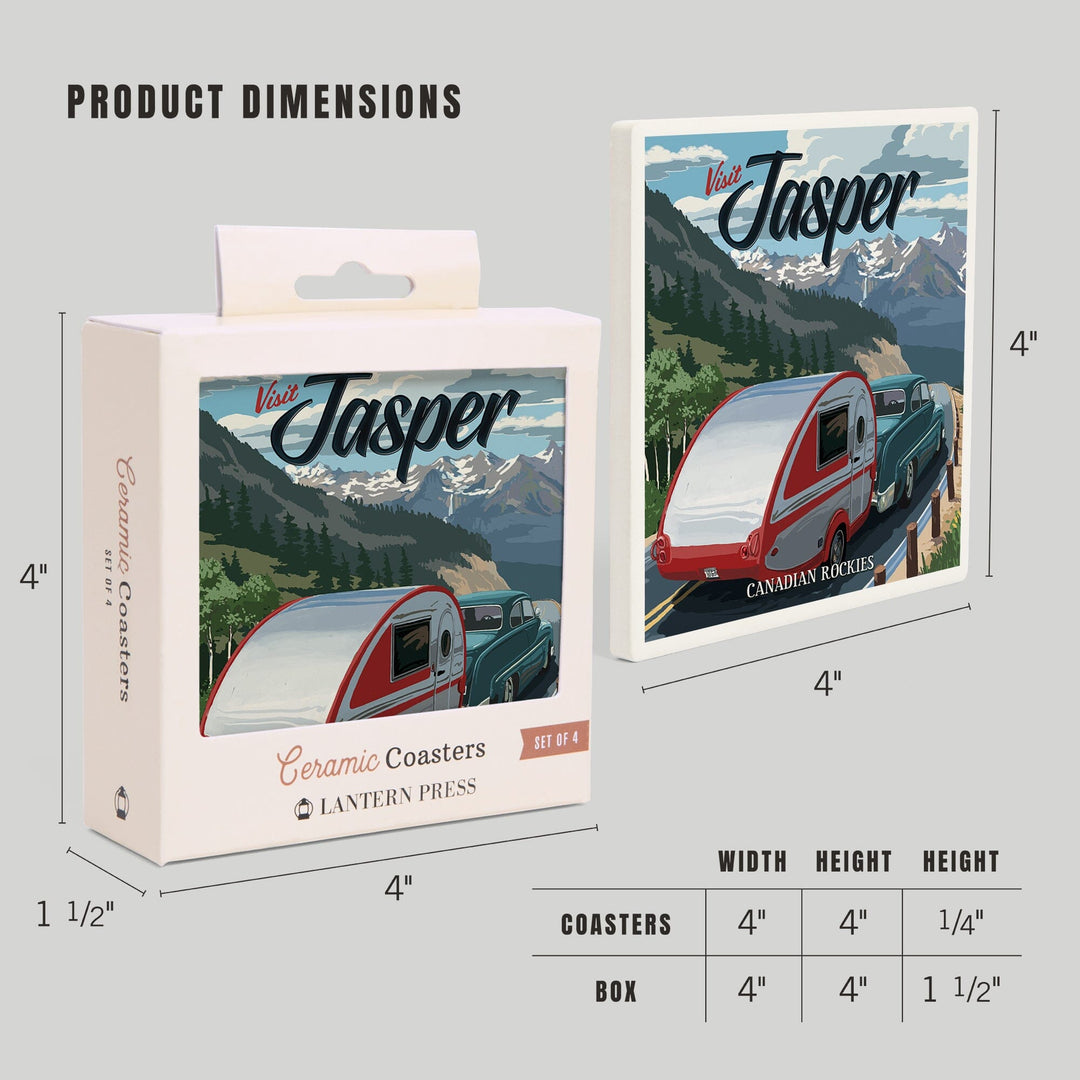 Jasper, Canada, Canadian Rockies, Retro Camper, Visit, Lantern Press Artwork, Coaster Set - Lantern Press