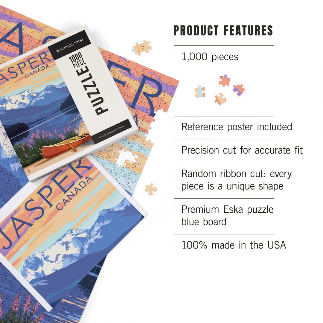 Jasper, Canada, Lake Scene and Canoe, Jigsaw Puzzle Puzzle Lantern Press 