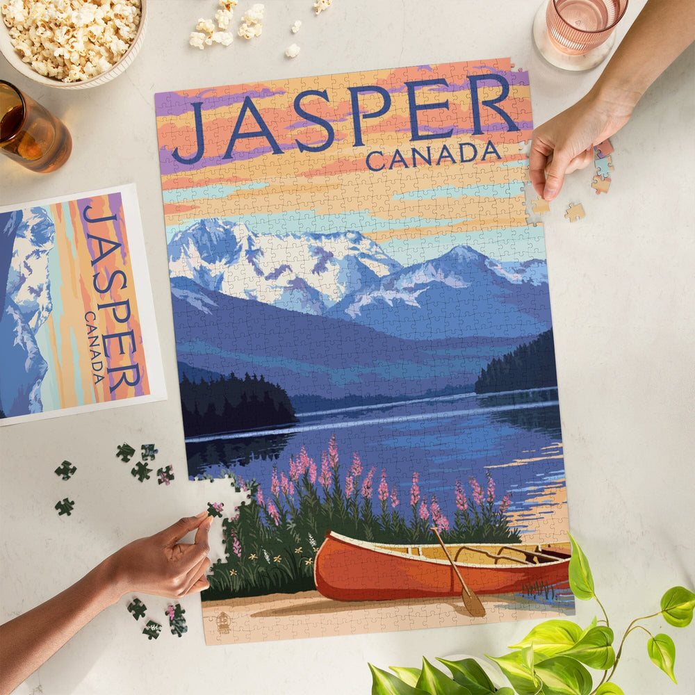 Jasper, Canada, Lake Scene and Canoe, Jigsaw Puzzle Puzzle Lantern Press 