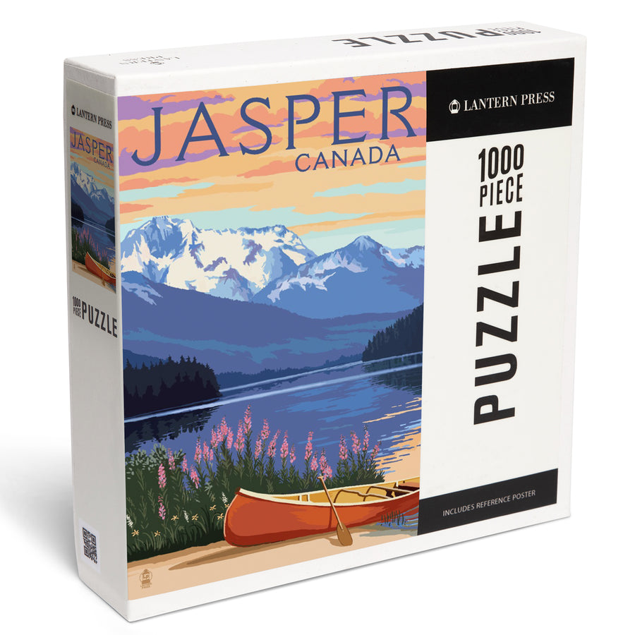 Jasper, Canada, Lake Scene and Canoe, Jigsaw Puzzle Puzzle Lantern Press 