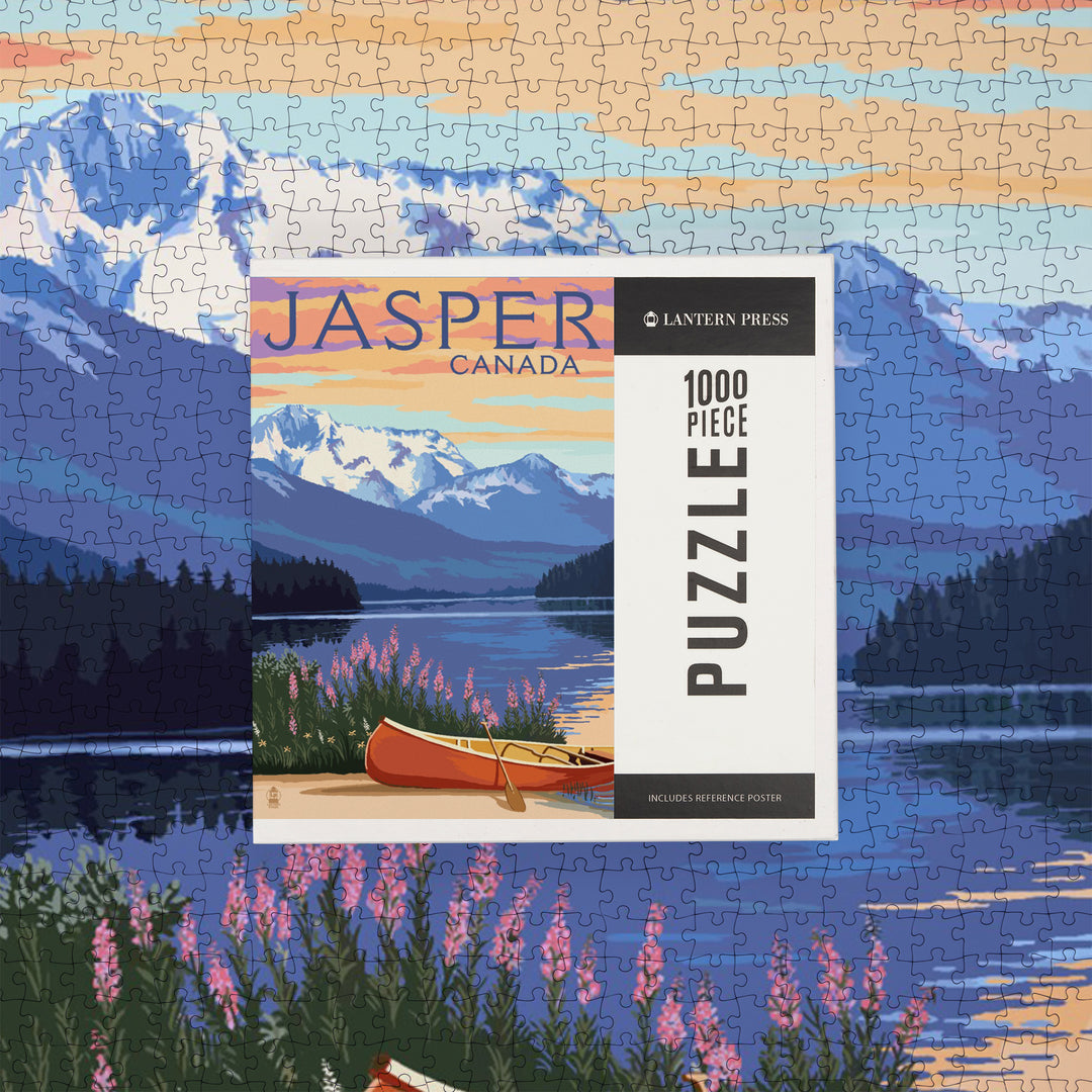 Jasper, Canada, Lake Scene and Canoe, Jigsaw Puzzle Puzzle Lantern Press 