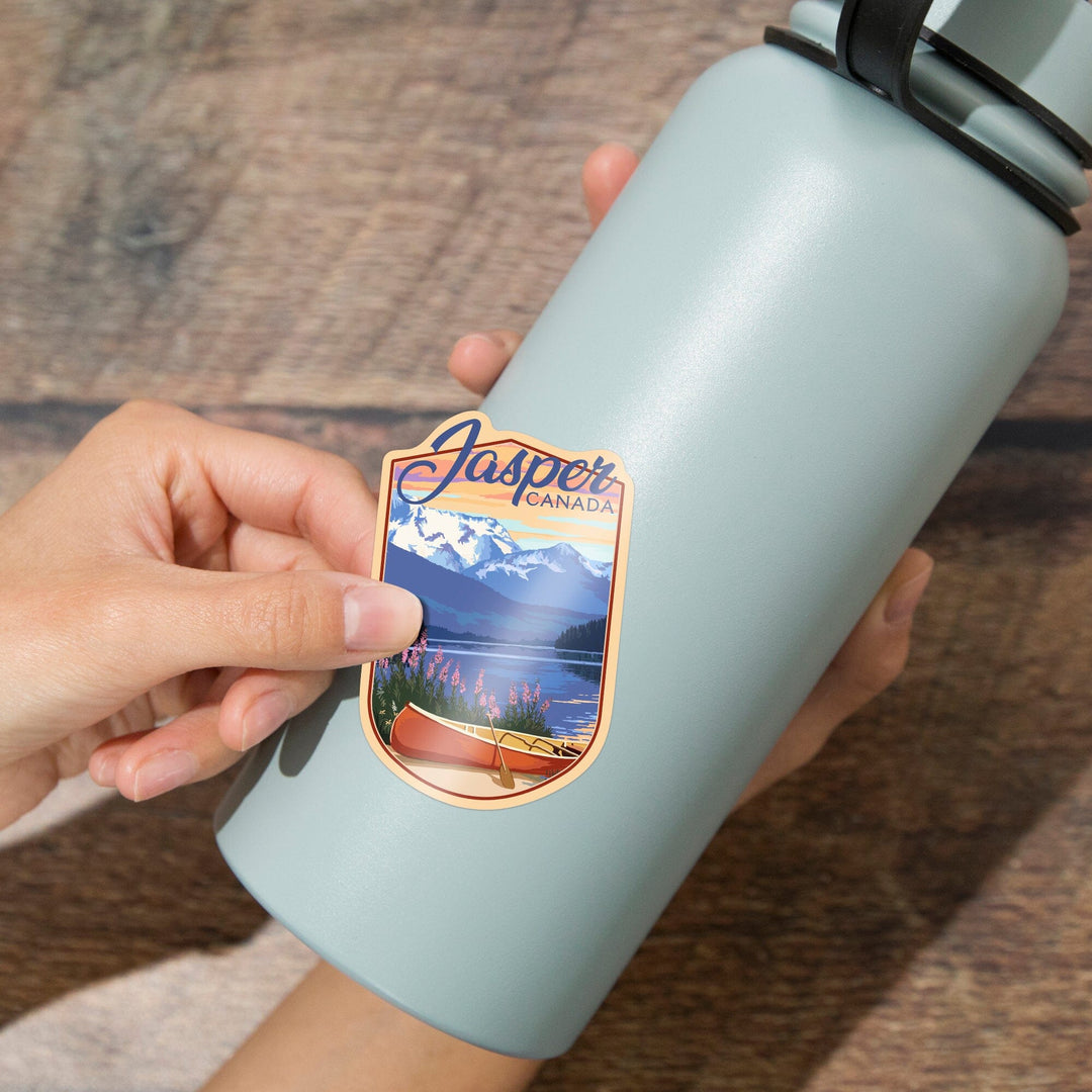 Jasper, Canada, Lake Scene & Canoe, Contour, Lantern Press Artwork, Vinyl Sticker - Lantern Press